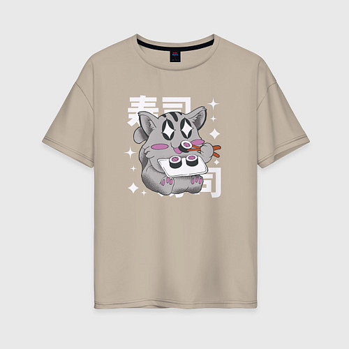 Женская футболка оверсайз Каваи кот есть суши / Миндальный – фото 1