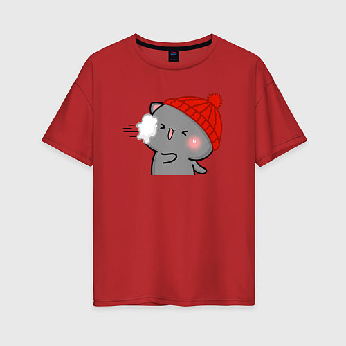 Женская футболка оверсайз Игра в снежки - серый котик / Красный – фото 1