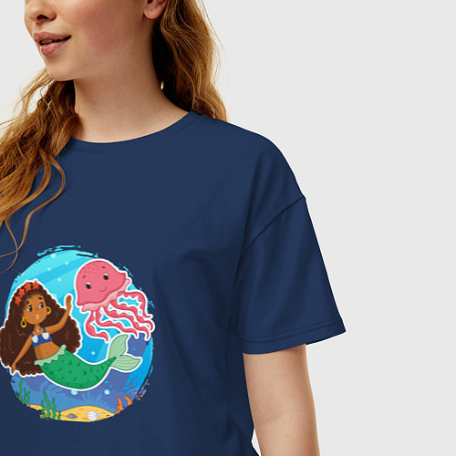 Женская футболка оверсайз Маленькая русалочка с медузой / Тёмно-синий – фото 3