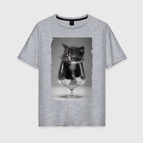 Женская футболка оверсайз Котёнок в бокале / Меланж – фото 1