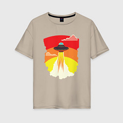 Футболка оверсайз женская Ретро летающий корабль НЛО, цвет: миндальный