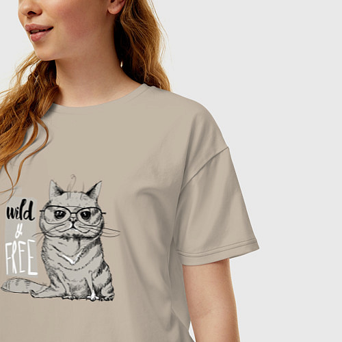 Женская футболка оверсайз Дикий и свободный кот / Миндальный – фото 3