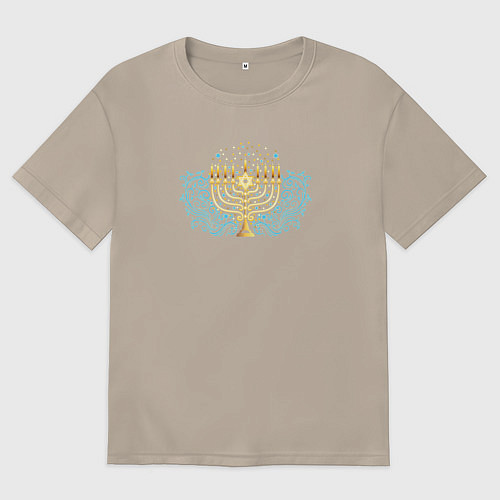Женская футболка оверсайз Золотая менора с синим цветочным узором / Миндальный – фото 1
