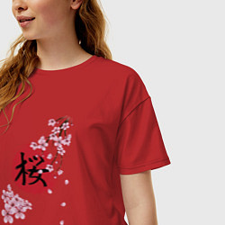 Футболка оверсайз женская Цветущая вишня и красный круг с японским иероглифо, цвет: красный — фото 2