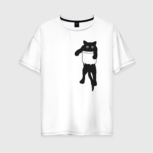 Женская футболка оверсайз Черный котик в кармане / Белый – фото 1