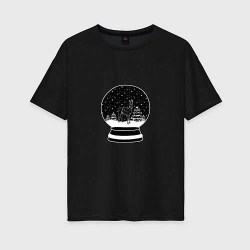 Женская футболка оверсайз Снежный шар с ламой / Черный – фото 1