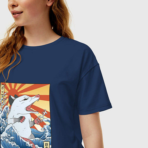 Женская футболка оверсайз Гравюра японский опоссум в стиле укиё-э / Тёмно-синий – фото 3