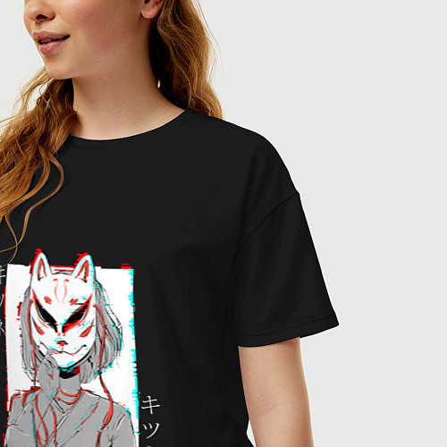 Женская футболка оверсайз Аниме девушка в маске кицунэ / Черный – фото 3