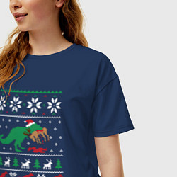 Футболка оверсайз женская Новогодний тирекс - ugly sweater, цвет: тёмно-синий — фото 2