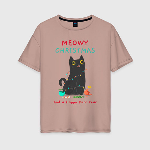 Женская футболка оверсайз Meowy Christmas and a happy purr year / Пыльно-розовый – фото 1