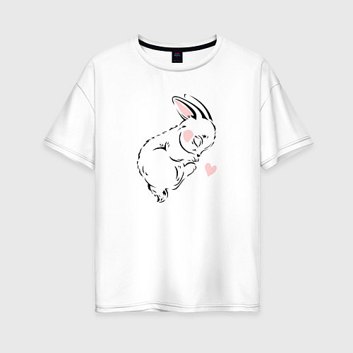 Женская футболка оверсайз Милый спящий зайчик с сердцем рисунок / Белый – фото 1