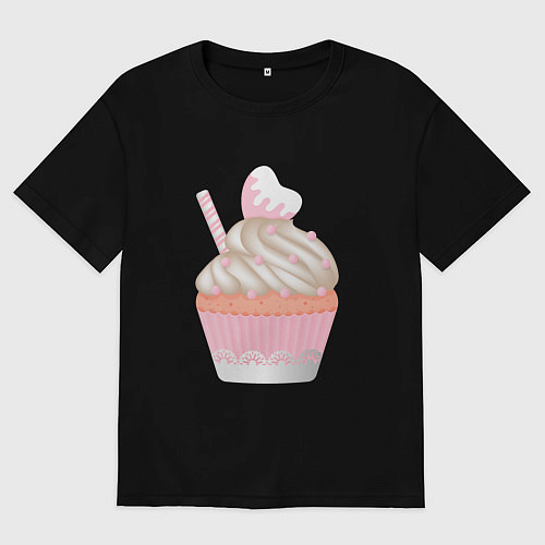 Женская футболка оверсайз Кекс с сердечком в розовой тарталетке / Черный – фото 1