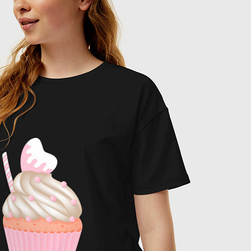 Женская футболка оверсайз Кекс с сердечком в розовой тарталетке / Черный – фото 3
