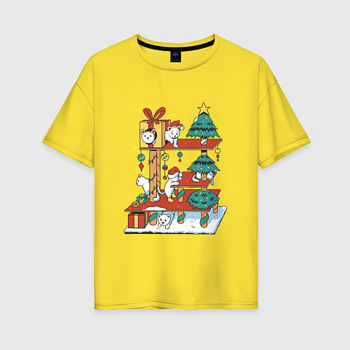 Женская футболка оверсайз Новогодние котята на домике с ёлками / Желтый – фото 1