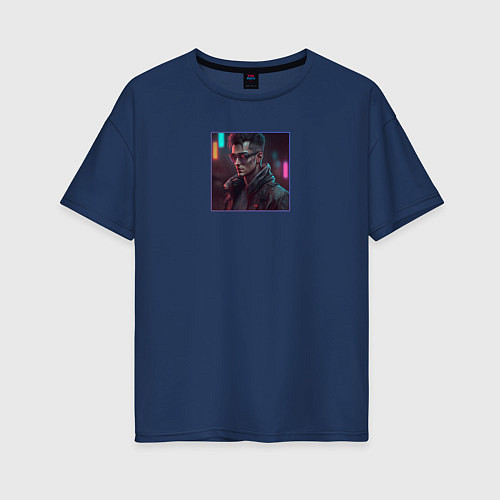 Женская футболка оверсайз Bad guy cyberpunk / Тёмно-синий – фото 1