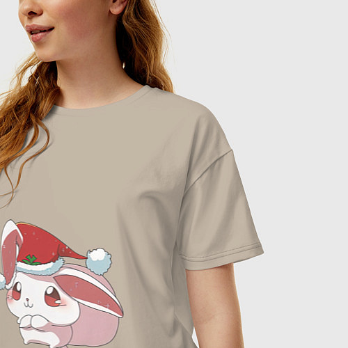 Женская футболка оверсайз Праздничный кролик / Миндальный – фото 3