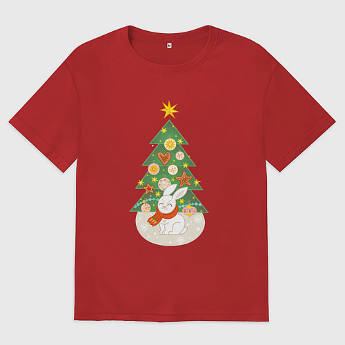 Женская футболка оверсайз Зайчик под елочкой - символ 2023 С Новым годом / Красный – фото 1
