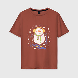 Женская футболка оверсайз Снеговик лыжник