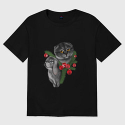 Футболка оверсайз женская Кот и кролик, цвет: черный