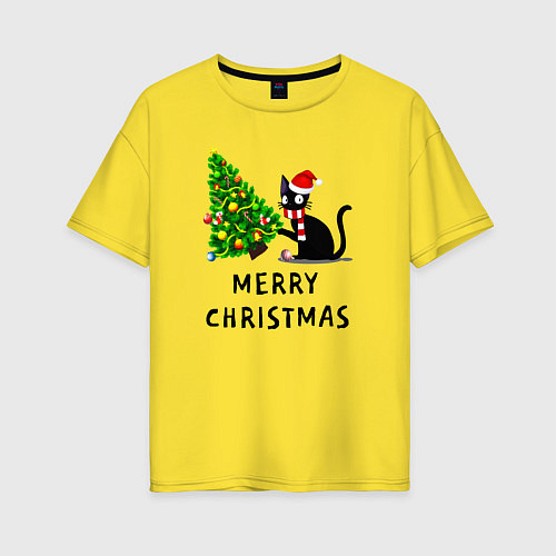 Женская футболка оверсайз Кот валит новогоднюю ёлку / Желтый – фото 1
