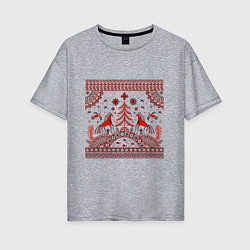 Женская футболка оверсайз Лошади и птицы - мезенская роспись