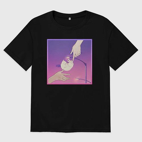 Женская футболка оверсайз Нежный котик под фонарём в стиле аниме / Черный – фото 1