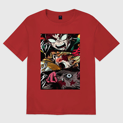 Женская футболка оверсайз Коллаж клинок рассекающий демонов / Красный – фото 1