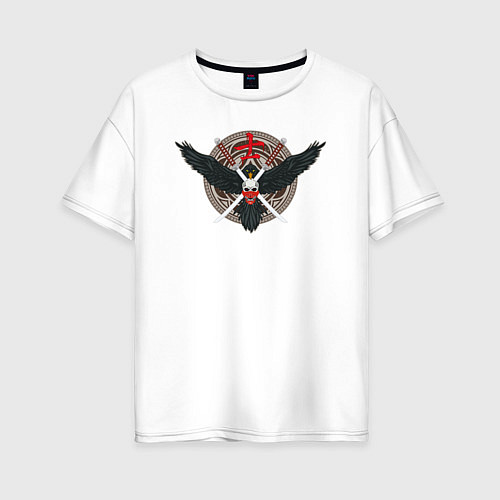 Женская футболка оверсайз Голова самурая на фоне ворона / Белый – фото 1