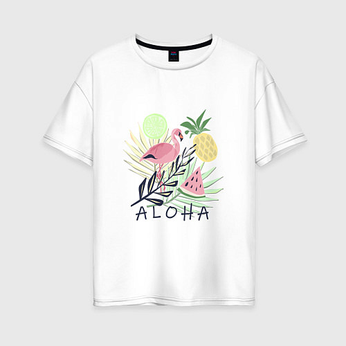Женская футболка оверсайз Розовый фламинго в листьях с фруктами / Белый – фото 1