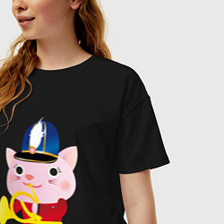 Футболка оверсайз женская Розовый котик-музыкант, цвет: черный — фото 2