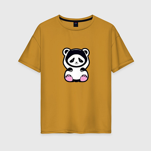 Женская футболка оверсайз Милая панда в капюшоне / Горчичный – фото 1