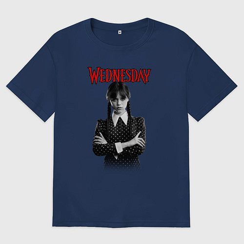 Женская футболка оверсайз Уэнсдэй Аддамс черно-белый стиль / Тёмно-синий – фото 1