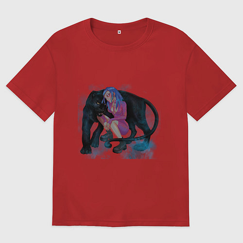 Женская футболка оверсайз Девушка с пантерой / Красный – фото 1