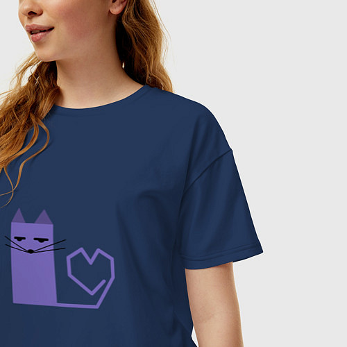 Женская футболка оверсайз Кот с сердечком в минимализме / Тёмно-синий – фото 3