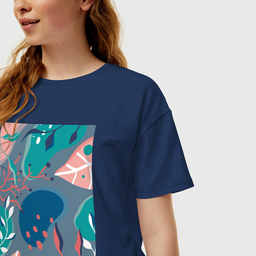 Женская футболка оверсайз Растительный узор в стиле ретро-футуризм / Тёмно-синий – фото 3