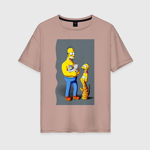Женская футболка оверсайз Homer Simpson and cats - нейросеть арт / Пыльно-розовый – фото 1