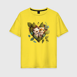 Женская футболка оверсайз Котята в листьях и сердце из аниме