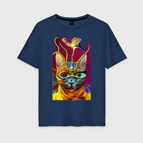 Женская футболка оверсайз Модерновый кот - нейросеть - art / Тёмно-синий – фото 1