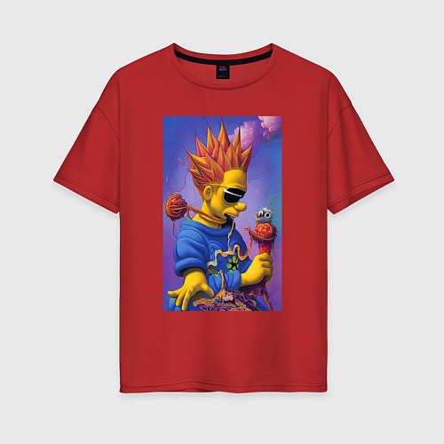 Женская футболка оверсайз Bart Simpson - нейросеть - сюрреализм / Красный – фото 1