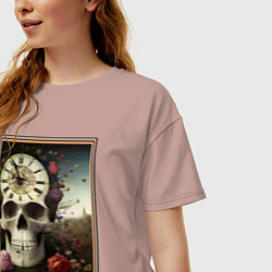 Футболка оверсайз женская Memento Mori, череп, часы и цветы, в рамке, цвет: пыльно-розовый — фото 2