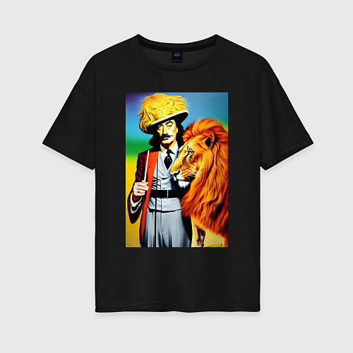 Женская футболка оверсайз Salvador Dali and lion / Черный – фото 1