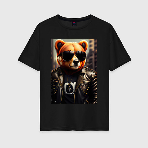 Женская футболка оверсайз Медведь рокер / Черный – фото 1