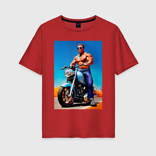 Женская футболка оверсайз Arnold Schwarzenegger on a motorcycle -neural netw / Красный – фото 1