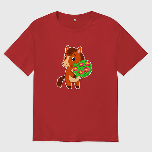 Женская футболка оверсайз Лошадка с букетом / Красный – фото 1