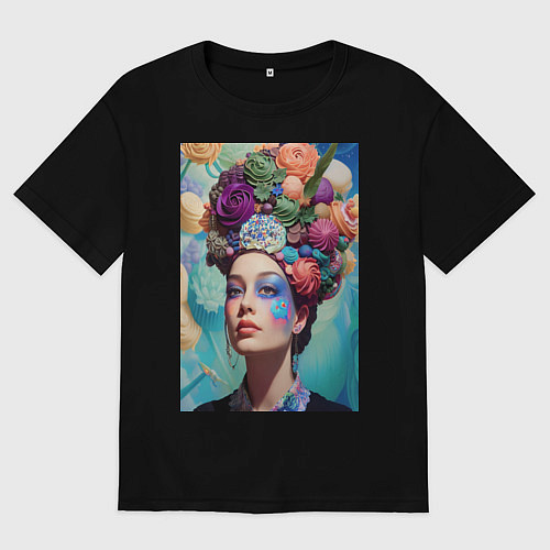 Женская футболка оверсайз Красотка с пирожными - нейросеть / Черный – фото 1