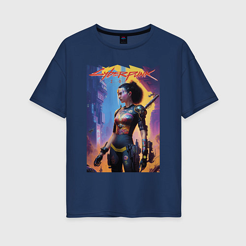 Женская футболка оверсайз Cyberpunk 2077 - character - neural network / Тёмно-синий – фото 1