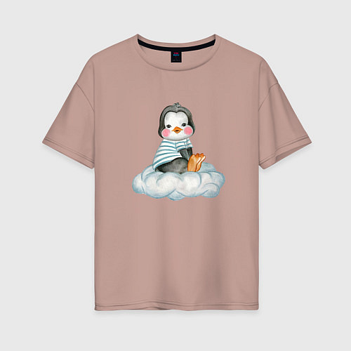 Женская футболка оверсайз Пингвин на облаке / Пыльно-розовый – фото 1