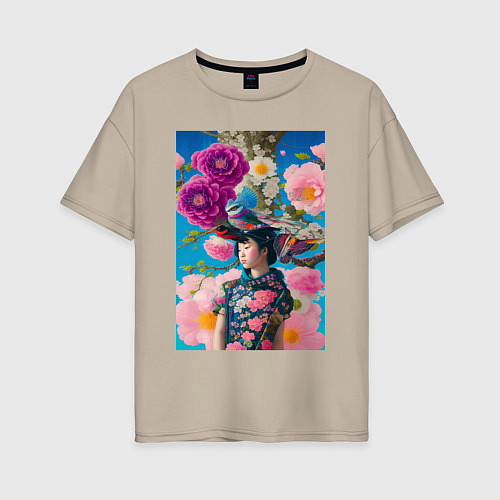 Женская футболка оверсайз Японская девушка с птицами - нейросеть / Миндальный – фото 1