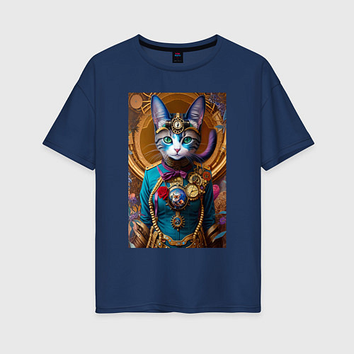 Женская футболка оверсайз Кошечка в стиле стимпанк - нейросеть - искусство / Тёмно-синий – фото 1