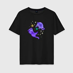 Футболка оверсайз женская Космические коты, играющие планетами, цвет: черный